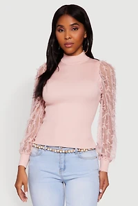 Womens Long Sleeve Mesh Detail Ribbed Knit Blouse, Pink, Size S