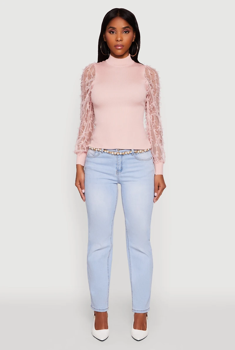 Womens Long Sleeve Mesh Detail Ribbed Knit Blouse, Pink, Size S