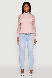 Womens Long Sleeve Mesh Detail Ribbed Knit Blouse, Pink, Size S