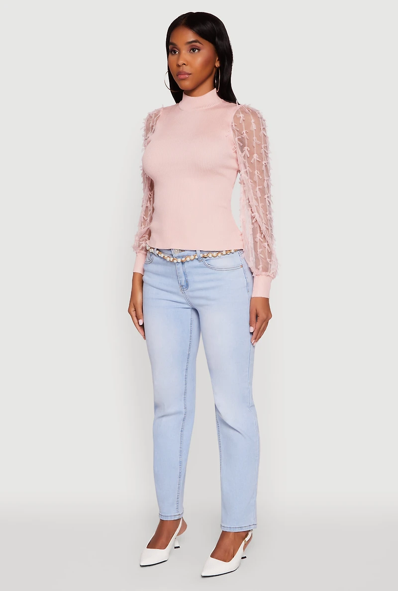 Womens Long Sleeve Mesh Detail Ribbed Knit Blouse, Pink, Size S