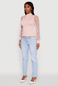 Womens Long Sleeve Mesh Detail Ribbed Knit Blouse, Pink, Size S