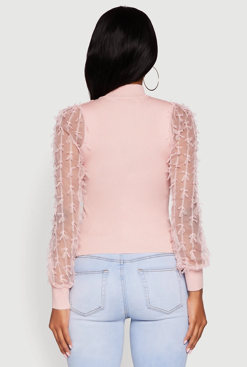 Womens Long Sleeve Mesh Detail Ribbed Knit Blouse, Pink, Size S