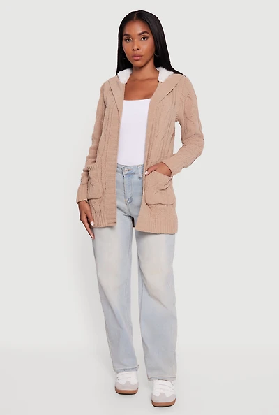 Womens Cable Knit Sherpa Lined Hooded Cardigan, Beige, Size S