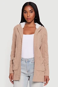 Womens Cable Knit Sherpa Lined Hooded Cardigan, Beige, Size S