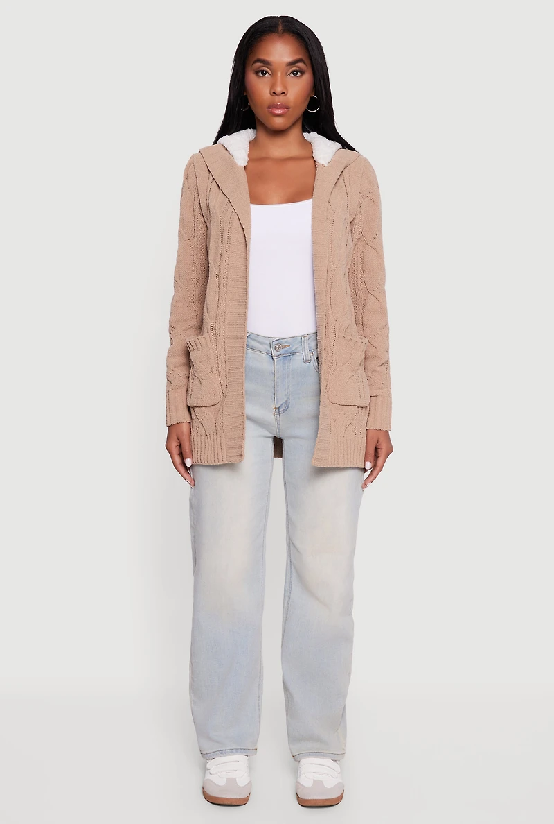 Womens Cable Knit Sherpa Lined Hooded Cardigan, Beige, Size S