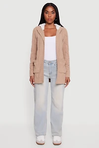 Womens Cable Knit Sherpa Lined Hooded Cardigan, Beige, Size S