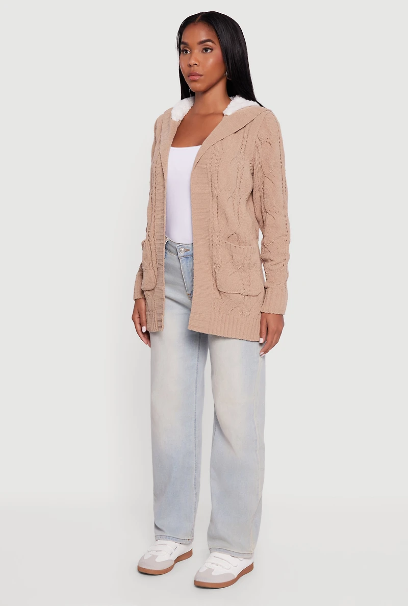 Womens Cable Knit Sherpa Lined Hooded Cardigan, Beige, Size S