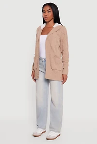 Womens Cable Knit Sherpa Lined Hooded Cardigan, Beige, Size S