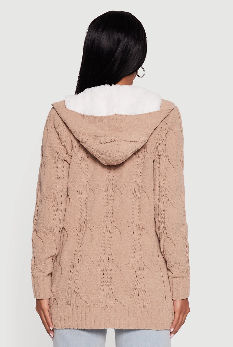 Womens Cable Knit Sherpa Lined Hooded Cardigan, Beige, Size S