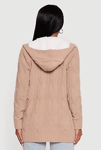 Womens Cable Knit Sherpa Lined Hooded Cardigan, Beige, Size S