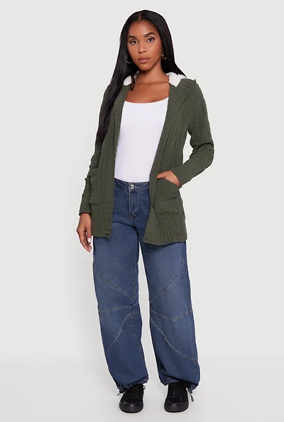 Cable Knit Sherpa Lined Hooded Cardigan