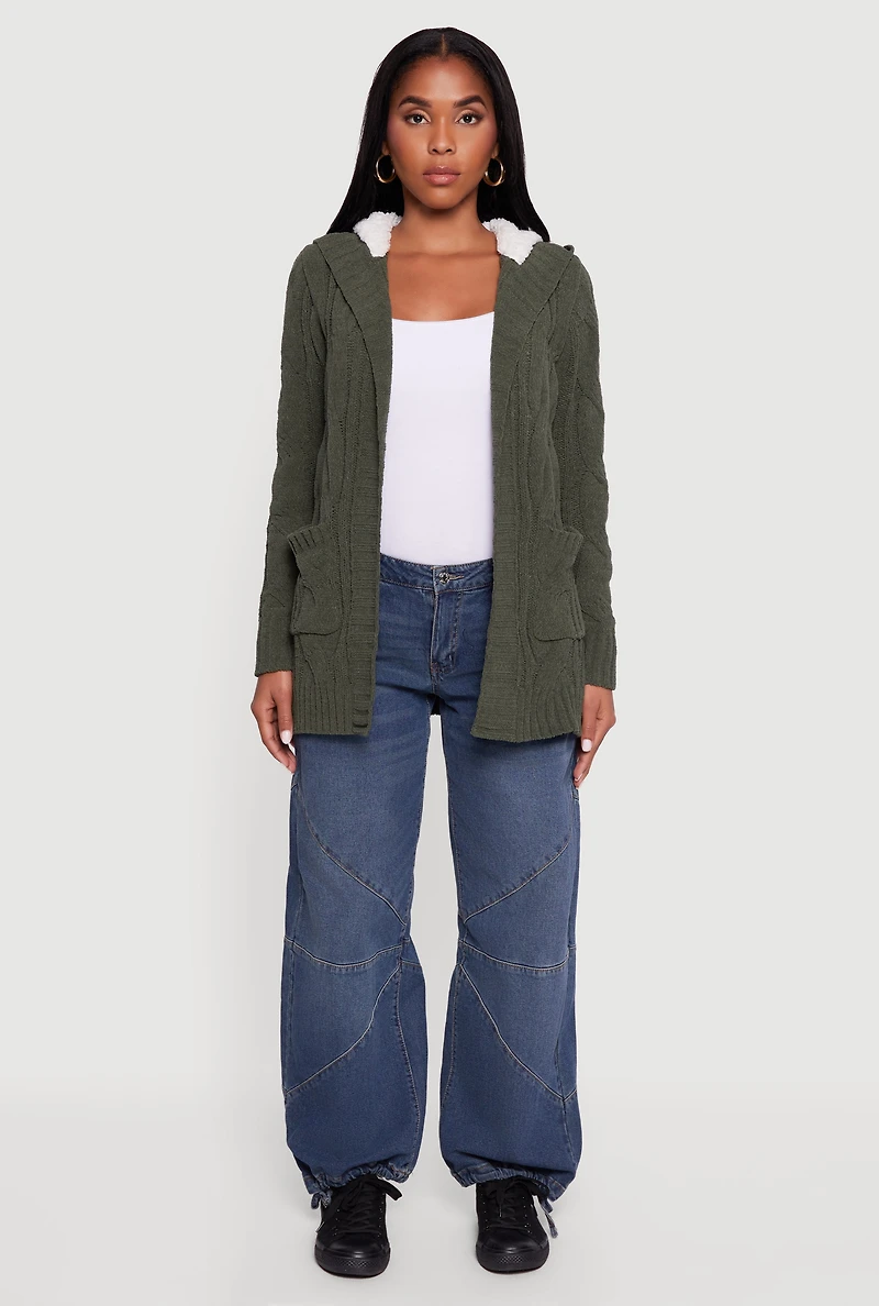 Cable Knit Sherpa Lined Hooded Cardigan