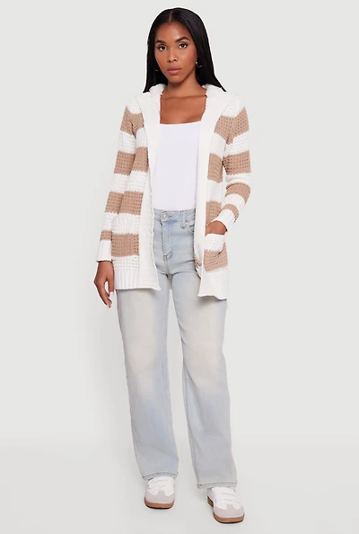 Womens Striped Sherpa Lined Hooded Cardigan, Multi, Size M