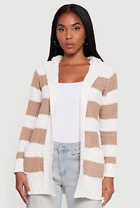 Womens Striped Sherpa Lined Hooded Cardigan, Multi, Size M