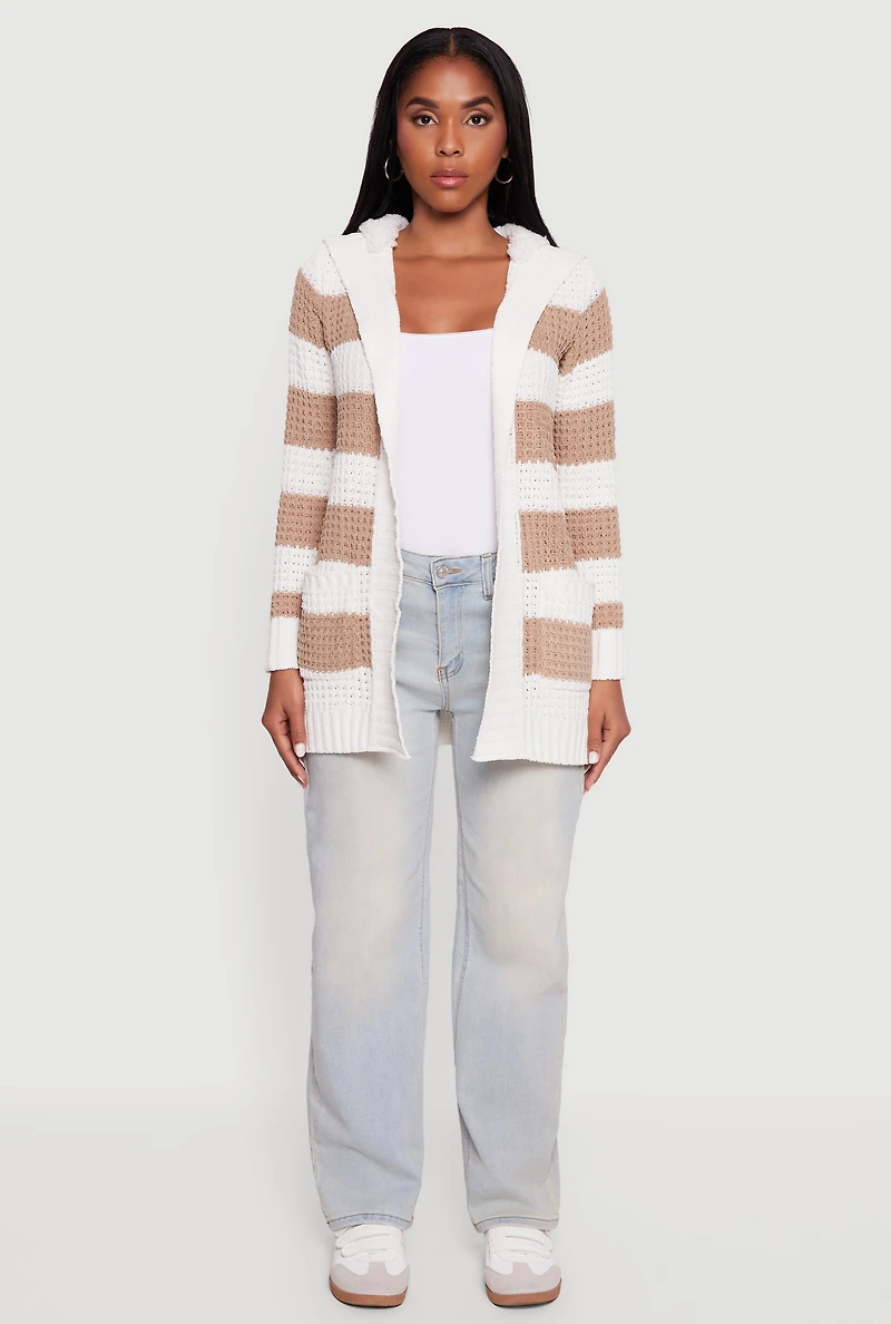 Womens Striped Sherpa Lined Hooded Cardigan, Multi, Size M