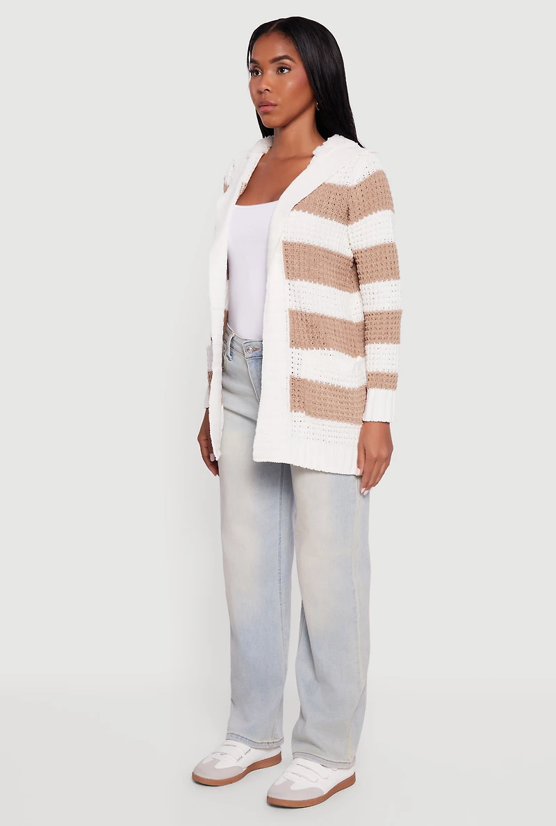 Womens Striped Sherpa Lined Hooded Cardigan, Multi, Size M