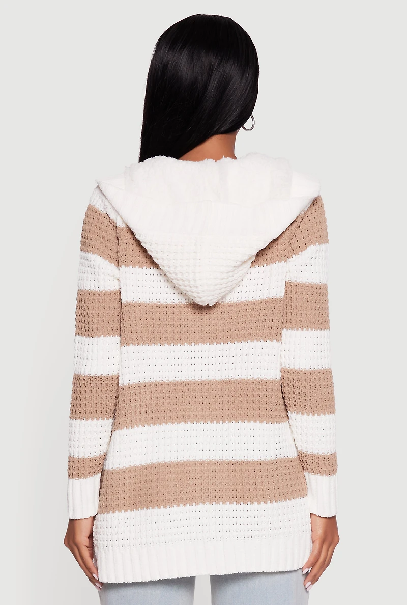Womens Striped Sherpa Lined Hooded Cardigan, Multi, Size M