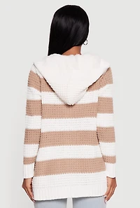 Womens Striped Sherpa Lined Hooded Cardigan, Multi, Size M