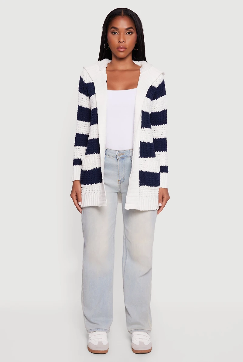 Womens Striped Sherpa Lined Hooded Cardigan, Multi, Size S