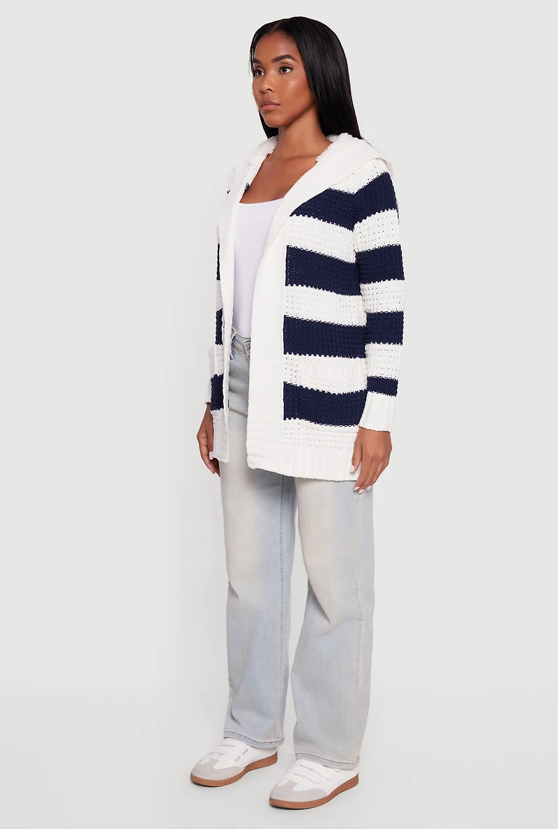 Womens Striped Sherpa Lined Hooded Cardigan, Multi, Size XL