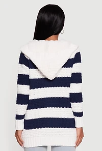 Womens Striped Sherpa Lined Hooded Cardigan, Multi, Size XL