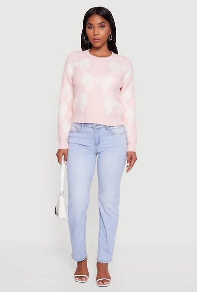 Womens Bow Print Crew Neck Long Sleeve Sweater, Pink, Size L