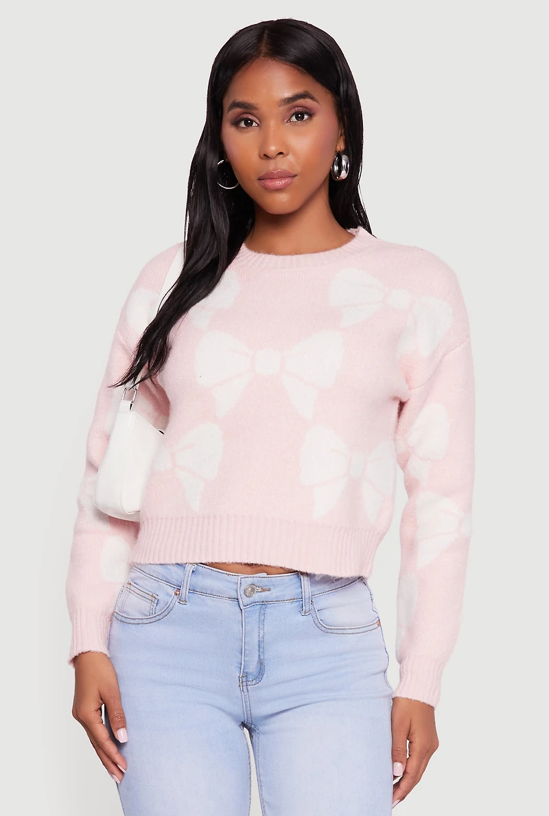 Bow Print Crew Neck Long Sleeve Sweater