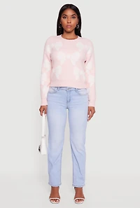Womens Bow Print Crew Neck Long Sleeve Sweater, Pink,