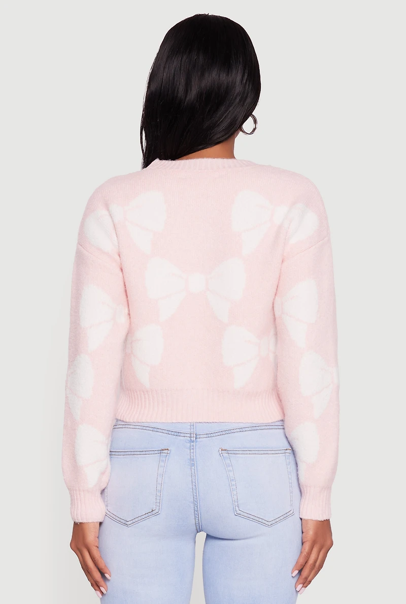 Womens Bow Print Crew Neck Long Sleeve Sweater, Pink,