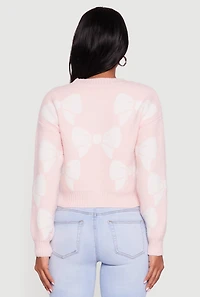 Womens Bow Print Crew Neck Long Sleeve Sweater, Pink,
