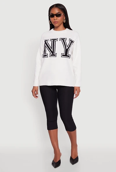 Womens Brushed Knit New York Graphic Print Sweater, White, Size L