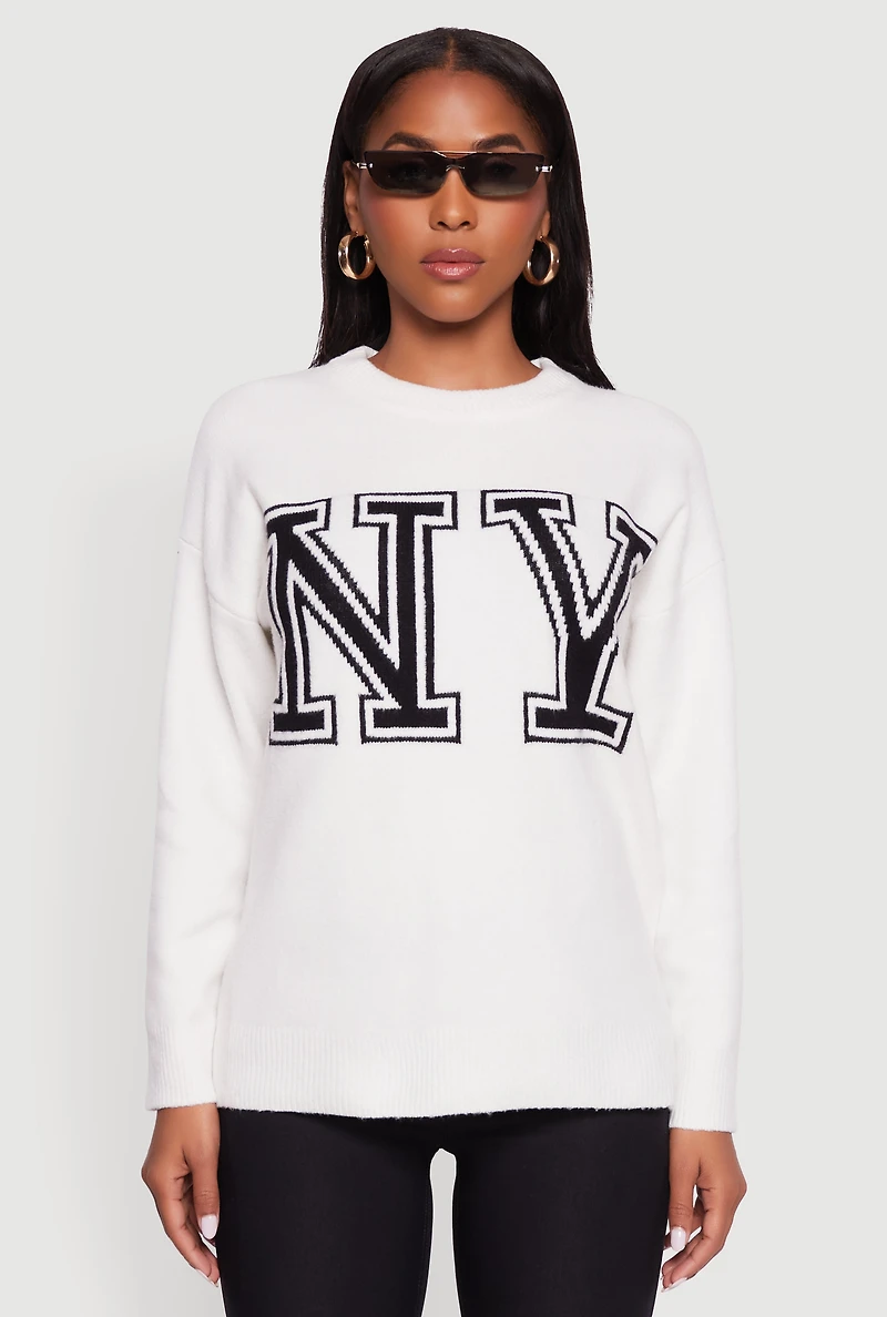 Womens Brushed Knit New York Graphic Print Sweater, White, Size L