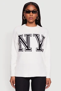 Womens Brushed Knit New York Graphic Print Sweater, White, Size L