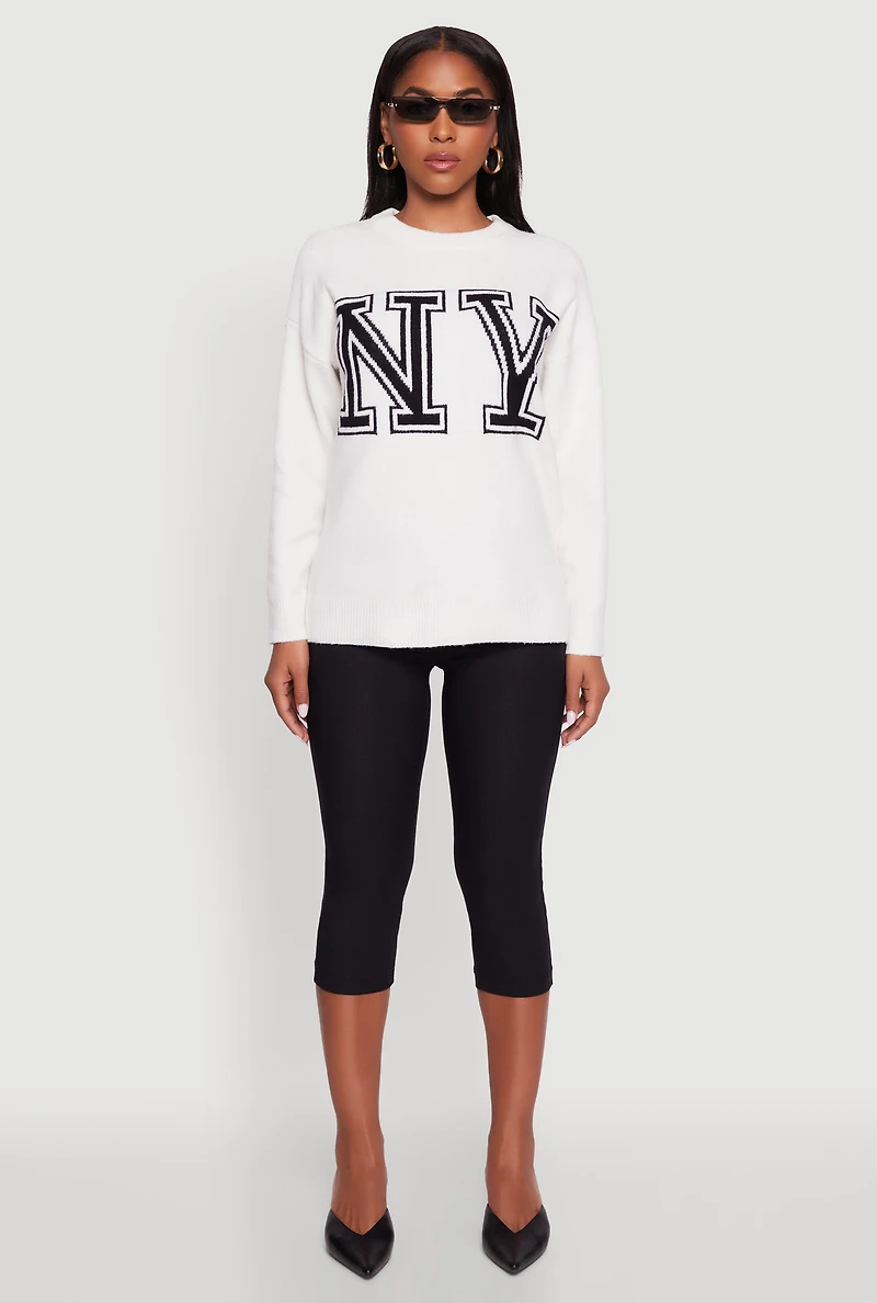 Womens Brushed Knit New York Graphic Print Sweater, White, Size L