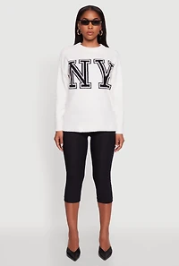 Womens Brushed Knit New York Graphic Print Sweater, White, Size L