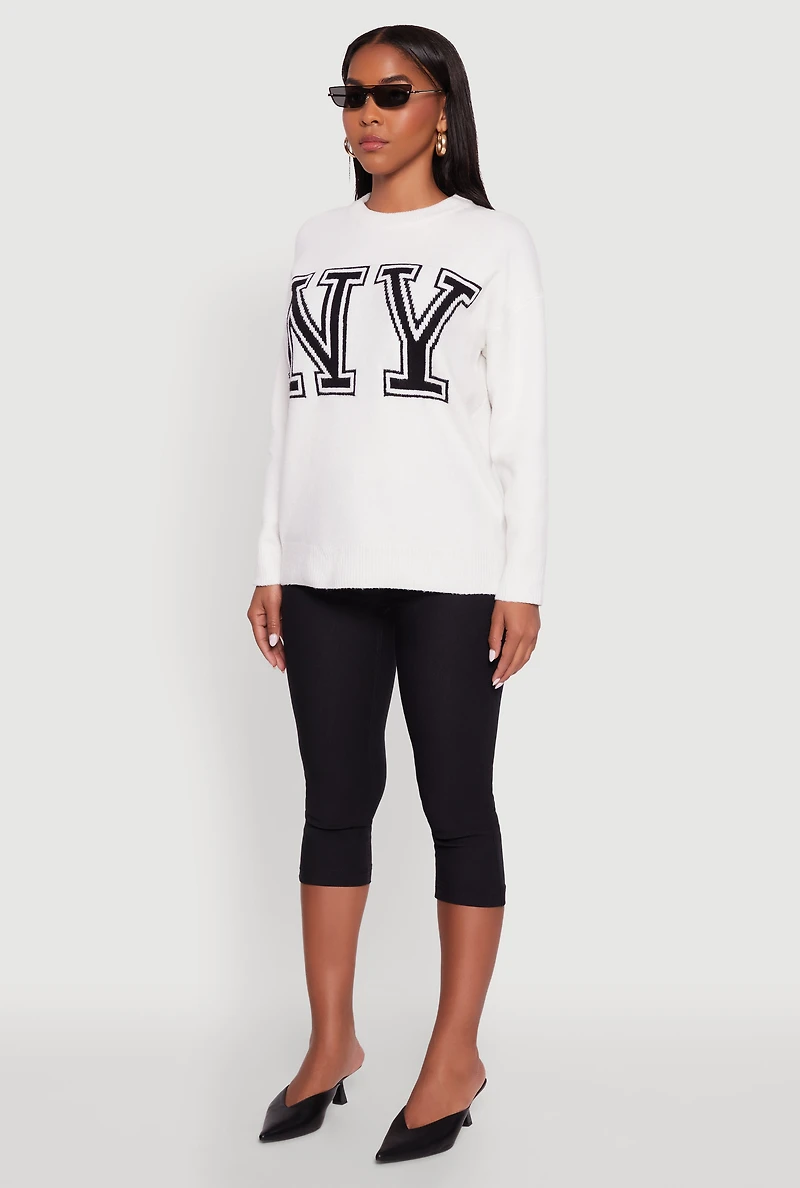 Womens Brushed Knit New York Graphic Print Sweater, White, Size L