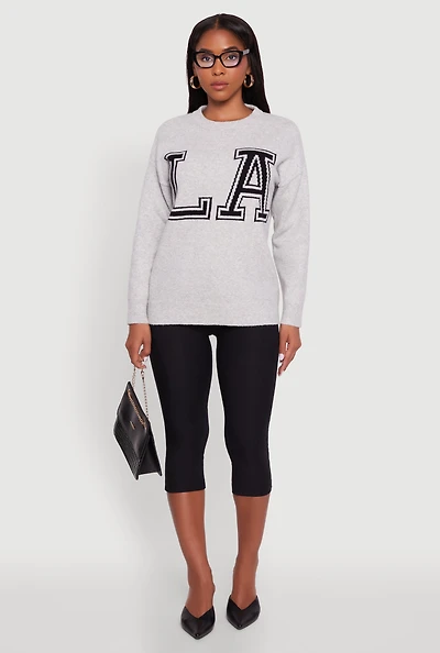 Womens Brushed Knit Los Angeles Graphic Print Sweater, Grey, Size L