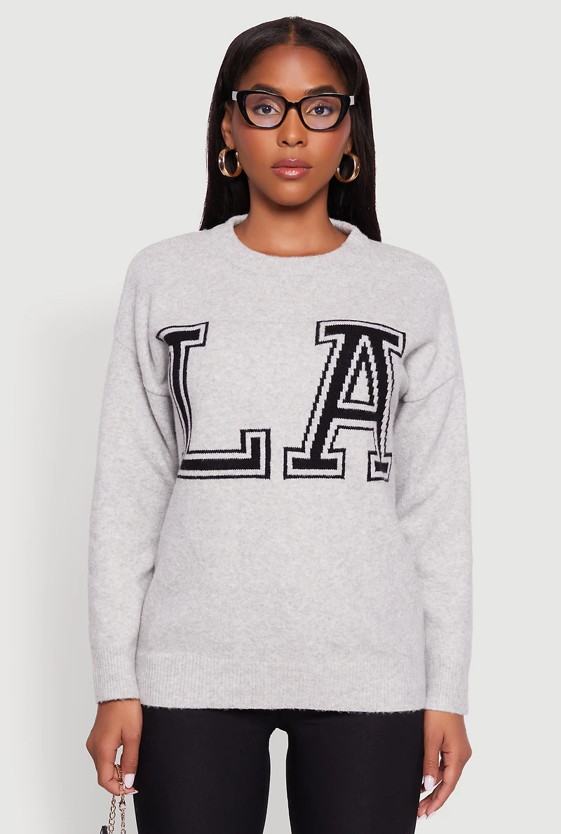 Womens Brushed Knit Los Angeles Graphic Print Sweater, Grey, Size S