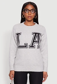Womens Brushed Knit Los Angeles Graphic Print Sweater, Grey, Size S