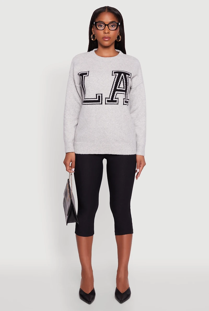 Womens Brushed Knit Los Angeles Graphic Print Sweater, Grey, Size S