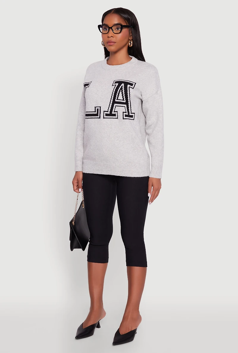 Womens Brushed Knit Los Angeles Graphic Print Sweater, Grey, Size S