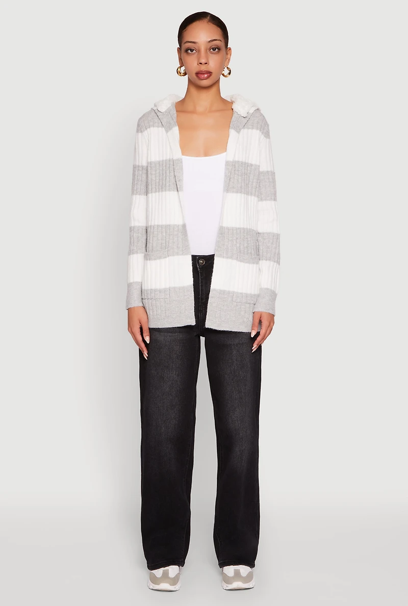 Womens Madden Girl Striped Sherpa Lined Hooded Cardigan, Multi, Size M