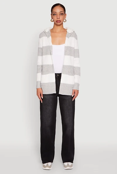 Womens Madden Girl Striped Sherpa Lined Hooded Cardigan, Grey, Size M