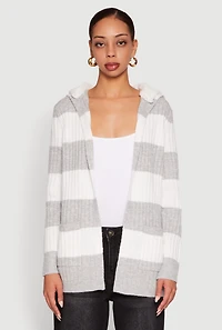 Womens Madden Girl Striped Sherpa Lined Hooded Cardigan, Grey, Size L