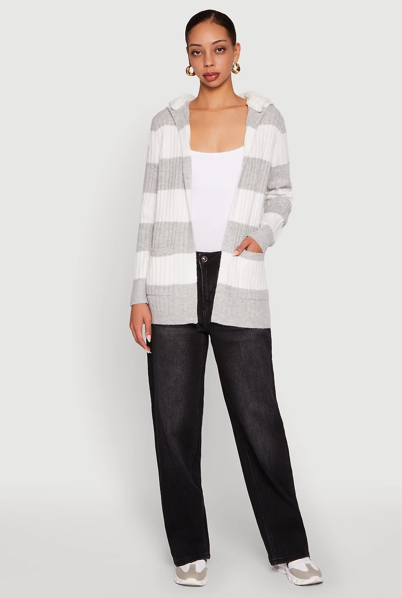 Womens Madden Girl Striped Sherpa Lined Hooded Cardigan, Grey, Size L