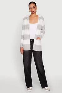 Womens Madden Girl Striped Sherpa Lined Hooded Cardigan, Grey, Size L