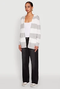 Womens Madden Girl Striped Sherpa Lined Hooded Cardigan, Grey, Size L
