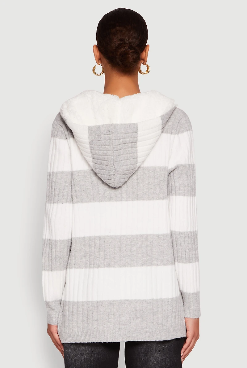 Madden Girl Striped Sherpa Lined Hooded Cardigan