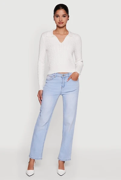 Womens Long Sleeve Cable Knit Polo Sweater, White, Size M