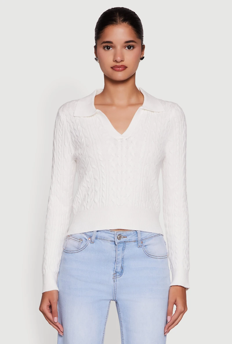 Long Sleeve Cable Knit Polo Sweater